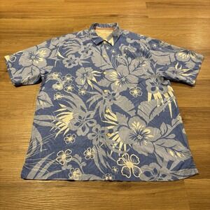 VTG Tommy Bahama Shirt‎ Mens L Blue Silk Hawaiian Floral Short Sleeve Button Up